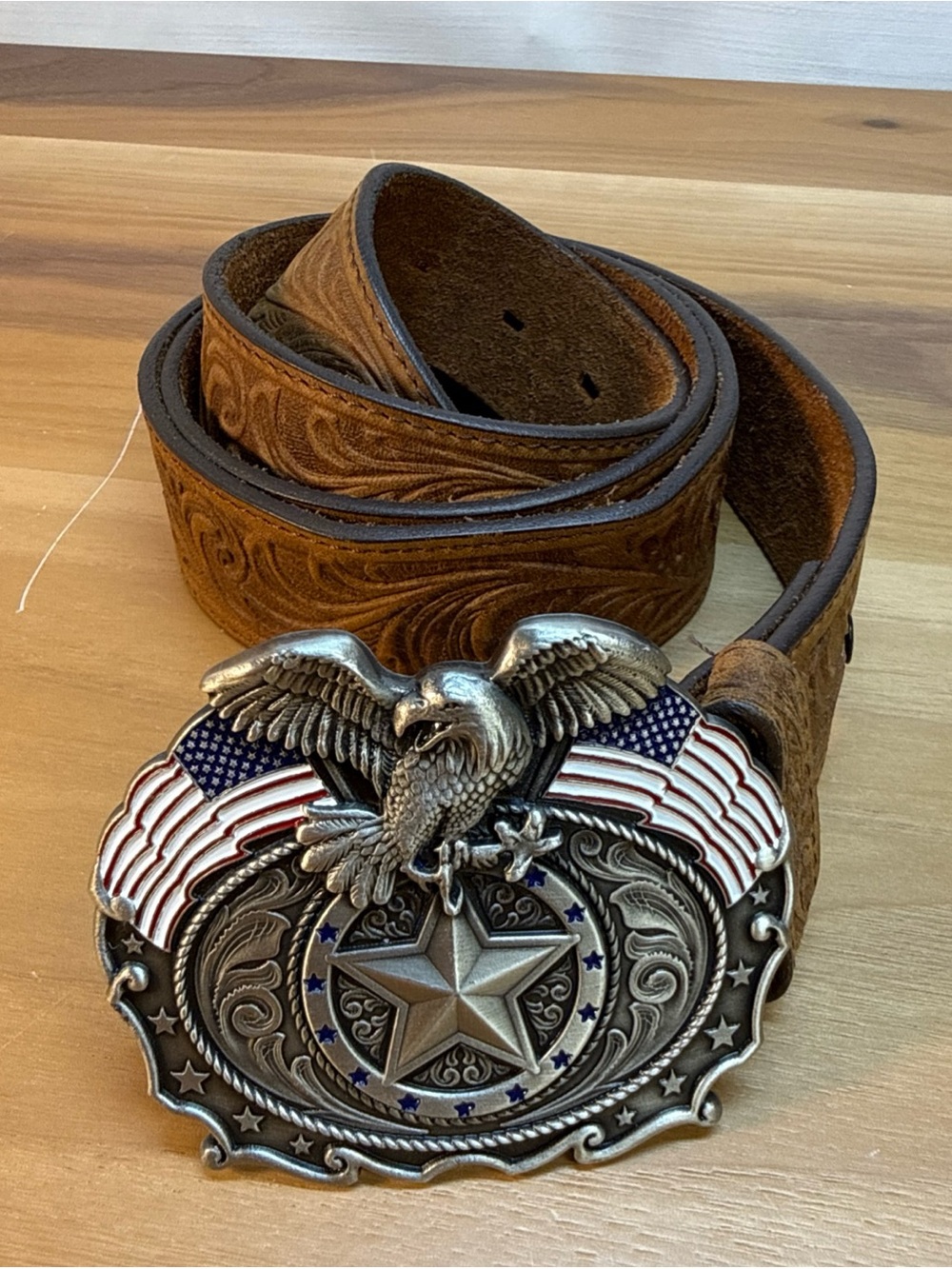 VTG Justin Tooled Leather Western Trophy Brown Belt Patriotic Eagle USA Sz 44